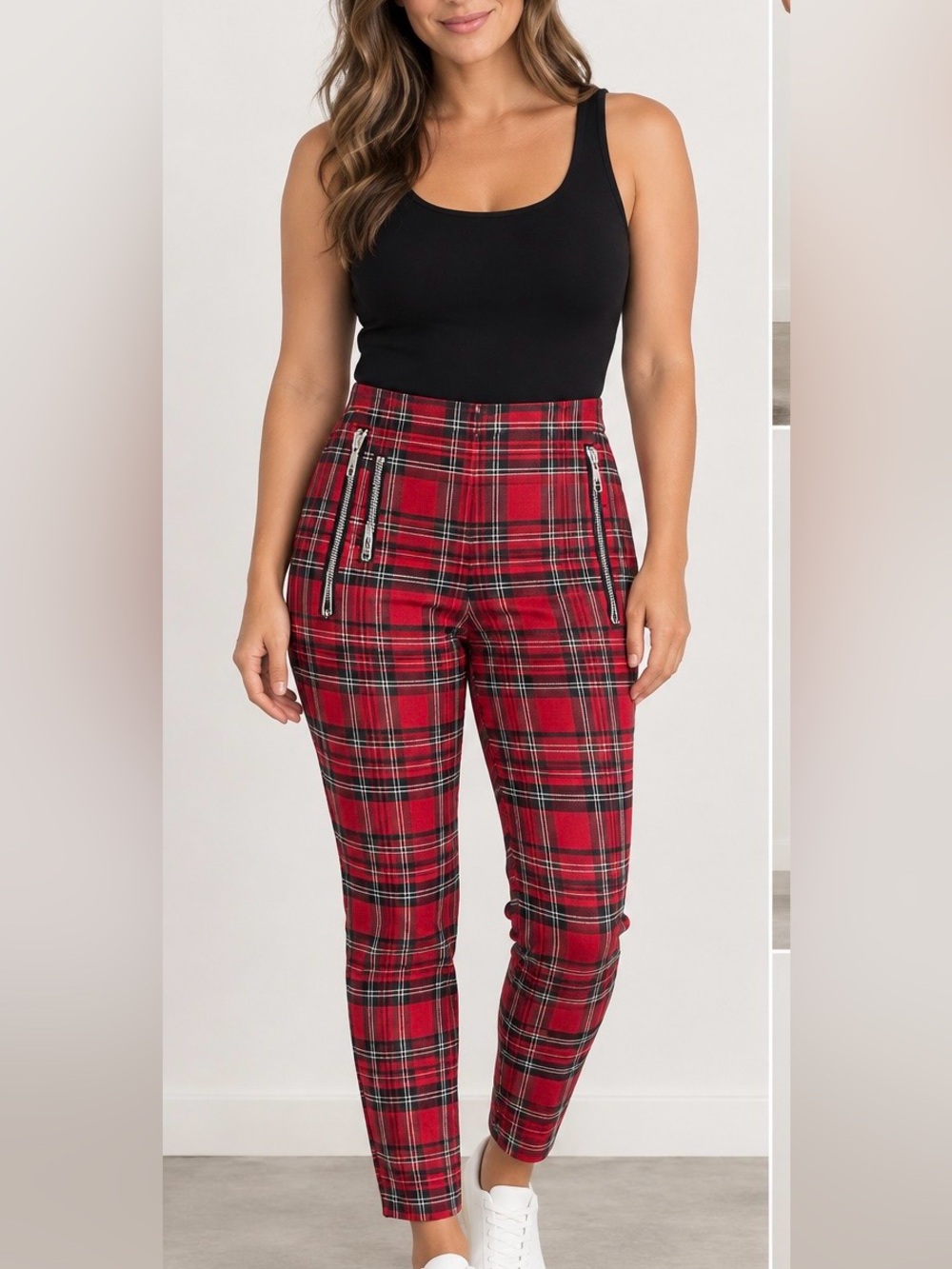 Zara Red Plaid Ankle-Length Slim Pants with Zip Details